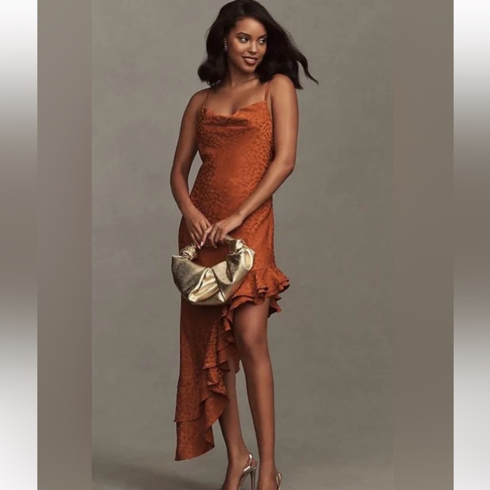 BHLDN MILA ASYMMETRICAL CHEETAH SATIN RUFFLE JACQUARD MIDI DRESS, XS